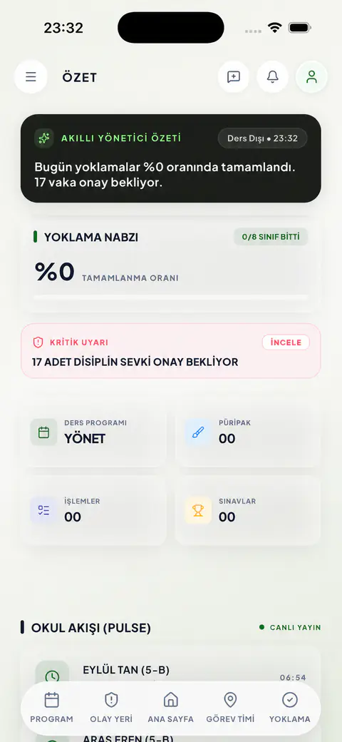 BizimOkul uygulamasında okulun günlük özetini gösteren anonimleştirilmiş ekran