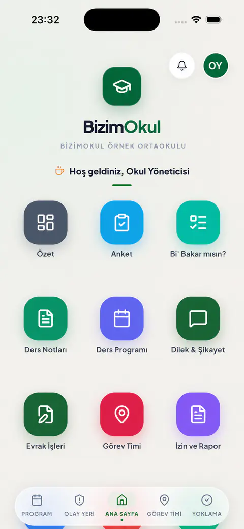 BizimOkul uygulamasında okul işlerine erişim sağlayan anonimleştirilmiş karşılama ekranı