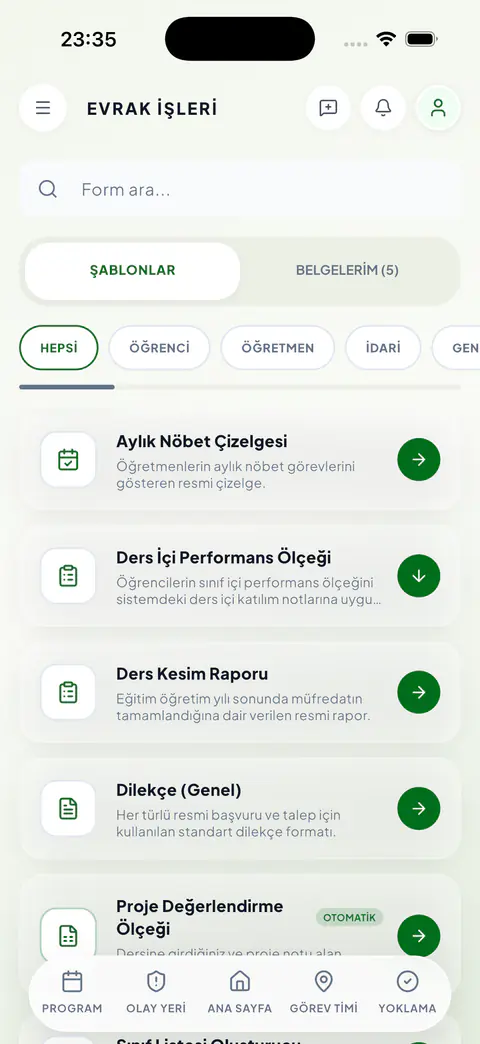 BizimOkul uygulamasında hazır okul belgeleri ve şablonları ekranı